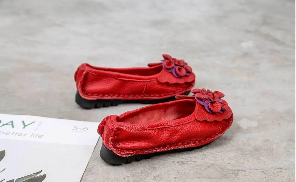 Handmade  cow leather flat soft flower female shoes