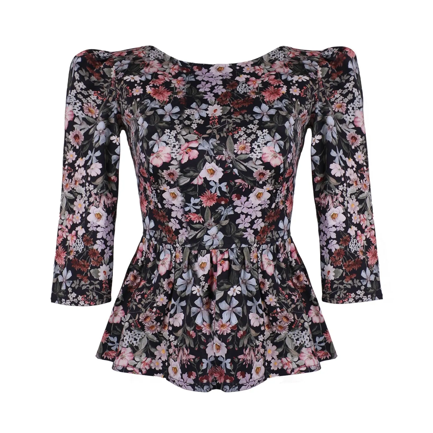 Hannah Bateau Neck Top with Corset Seam Details / Black Floral Cotton