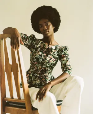 Hannah Bateau Neck Top with Corset Seam Details / Black Floral Cotton