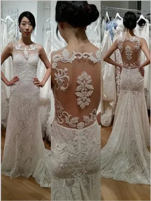 Lace Brush Sleeveless Wedding Dresses,Train Wedding Dresses