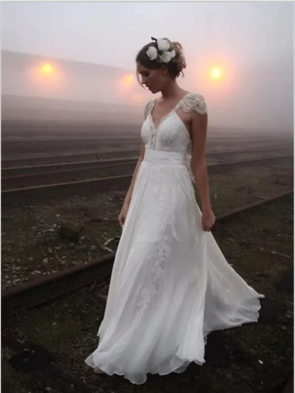 Lace Chiffon Princess V-neck Backless Wedding Dresses Floor Length Dress With Bowknot