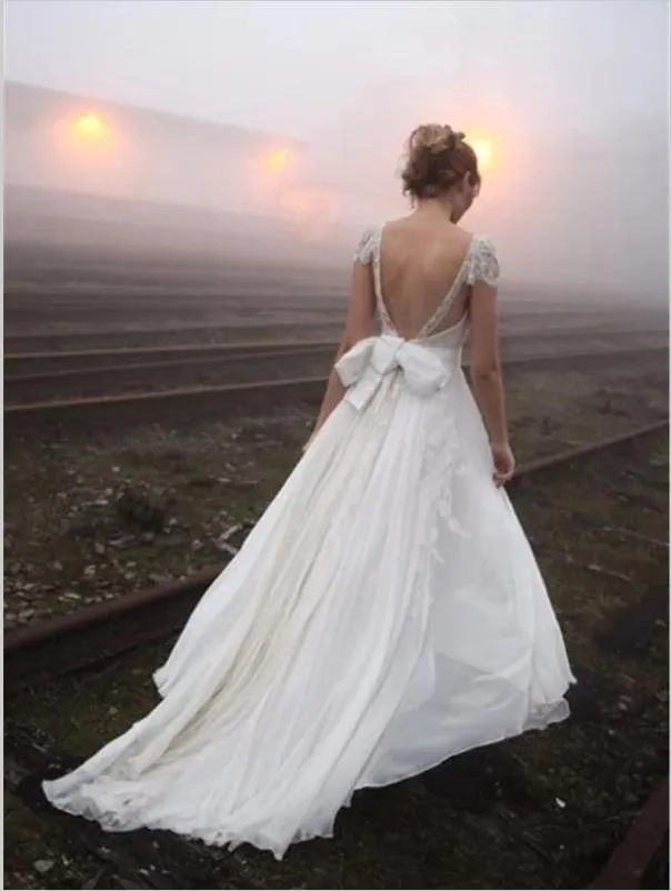 Lace Chiffon Princess V-neck Backless Wedding Dresses Floor Length Dress With Bowknot