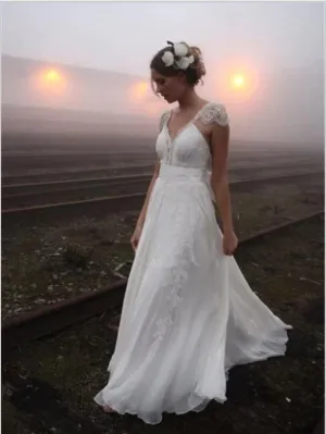 Lace Chiffon Princess V-neck Backless Wedding Dresses Floor Length Dress With Bowknot