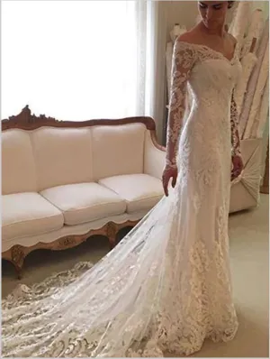 Lace Sheath Long Sleeves Wedding Dresses,Off Shoulder Court Train Wedding Dresses
