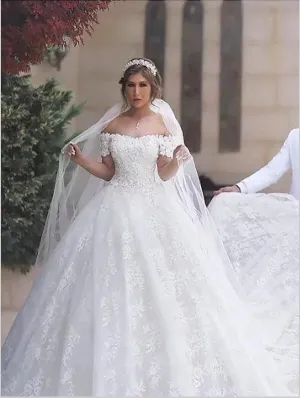 Lace Tulle Off Shoulder Short Sleeves Wedding Dresses Court Train Ball Gown