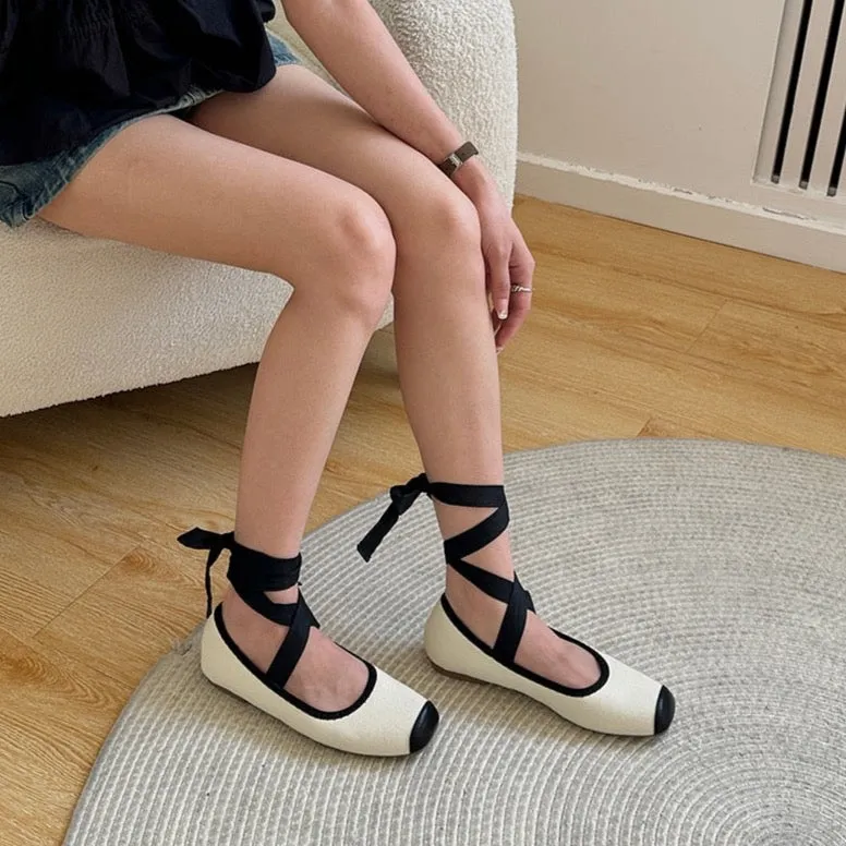 Lessie Two-Tone Pointe Lace-Up Ballet Flats - 3 Colors