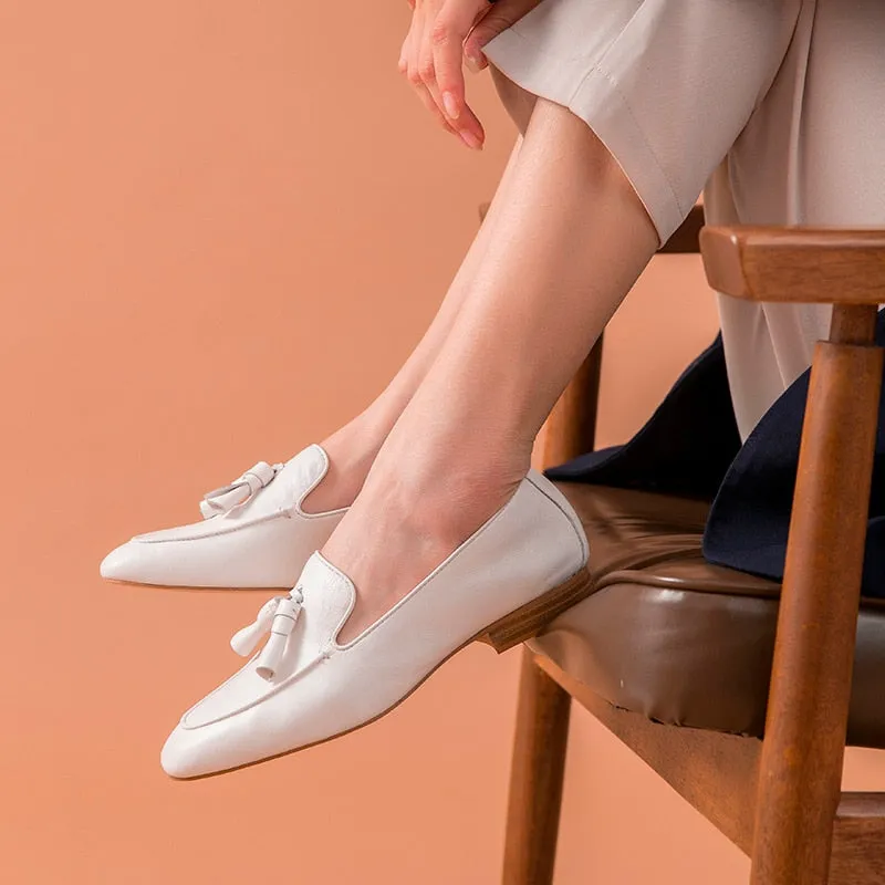 Loafers Women Genuine Cow Leather Fringes Square Toe Slip-On Spring Autumn Lady Flats Handmade
