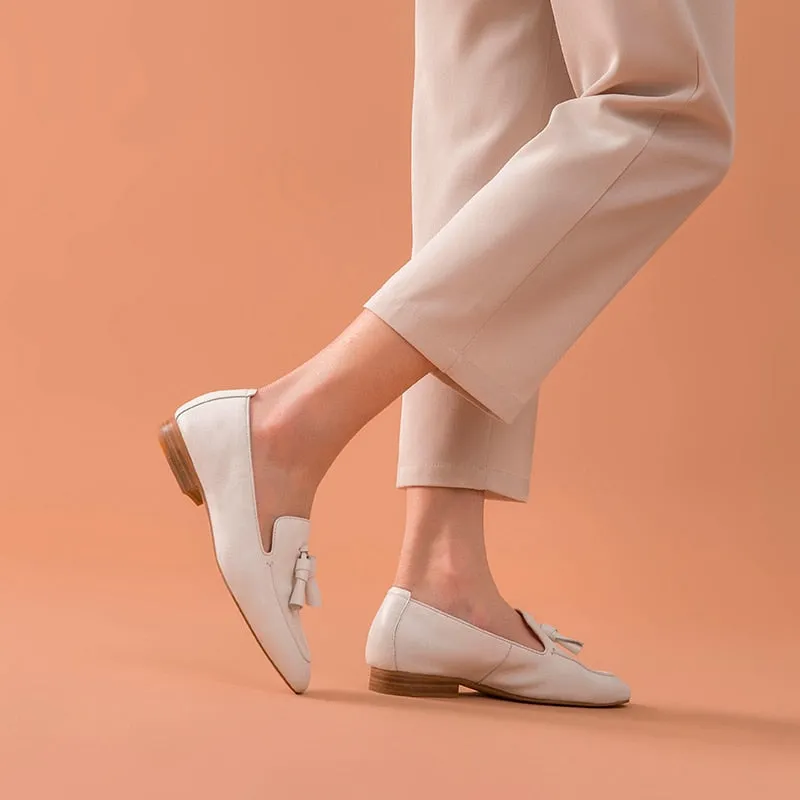 Loafers Women Genuine Cow Leather Fringes Square Toe Slip-On Spring Autumn Lady Flats Handmade