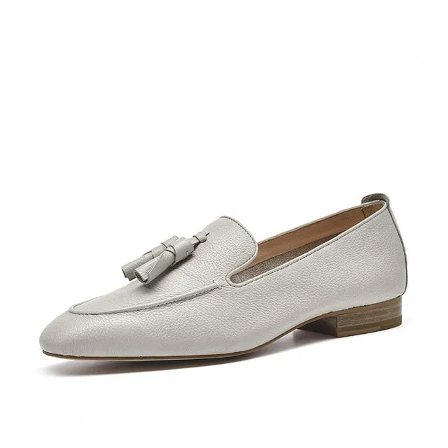 Loafers Women Genuine Cow Leather Fringes Square Toe Slip-On Spring Autumn Lady Flats Handmade