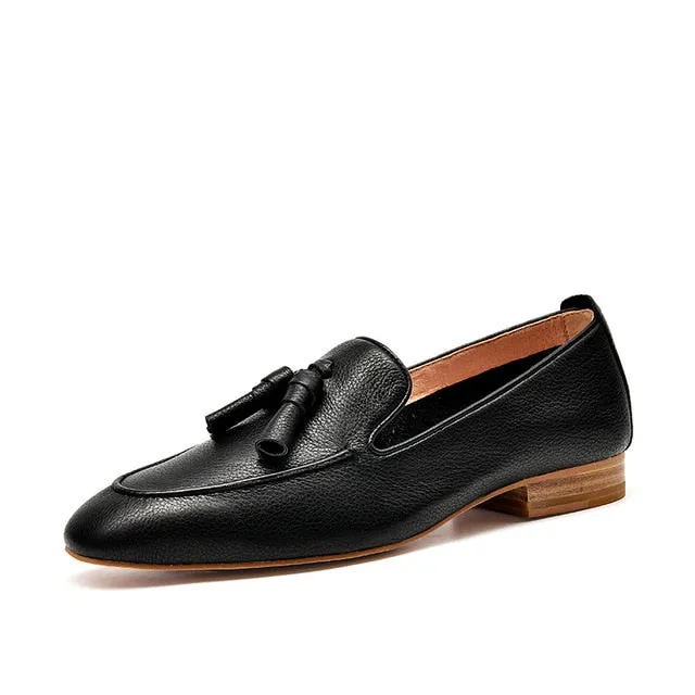 Loafers Women Genuine Cow Leather Fringes Square Toe Slip-On Spring Autumn Lady Flats Handmade