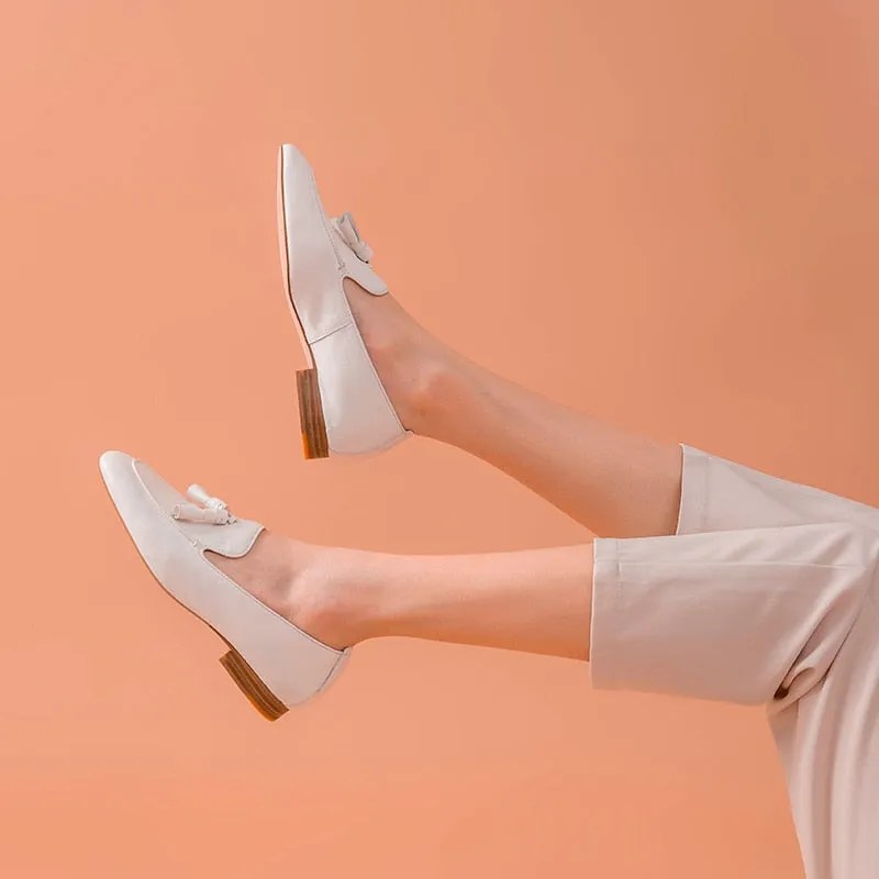 Loafers Women Genuine Cow Leather Fringes Square Toe Slip-On Spring Autumn Lady Flats Handmade