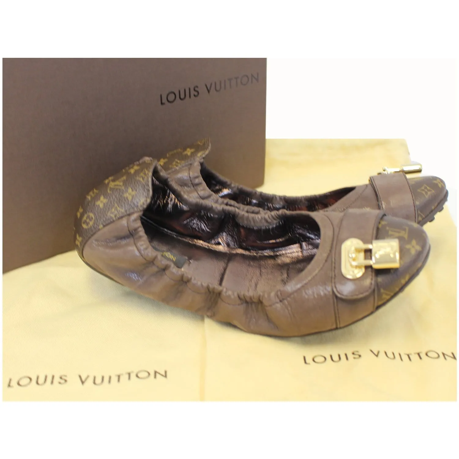 LOUIS VUITTON Lucky Ballerina Monogram Iridescent Leather Flats Brown