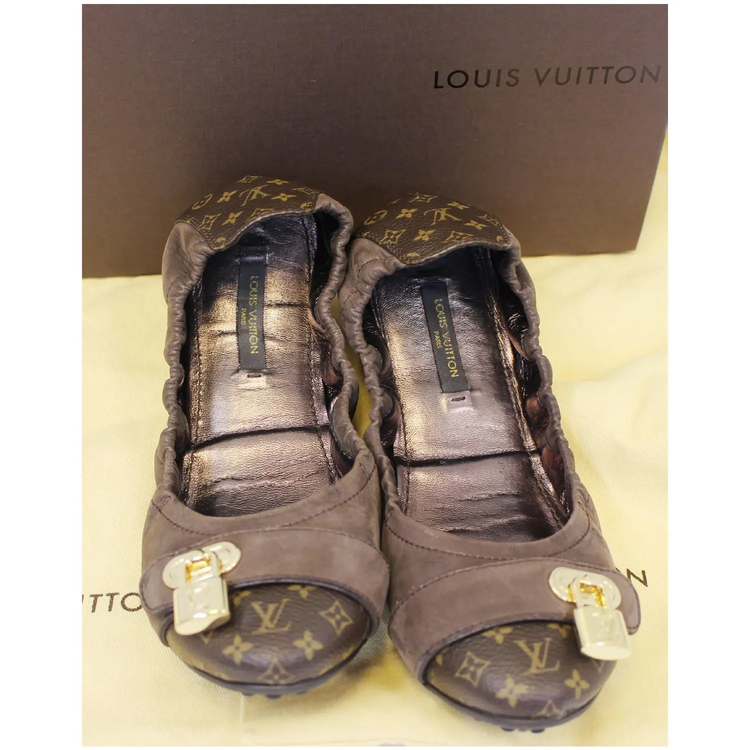 LOUIS VUITTON Lucky Ballerina Monogram Iridescent Leather Flats Brown