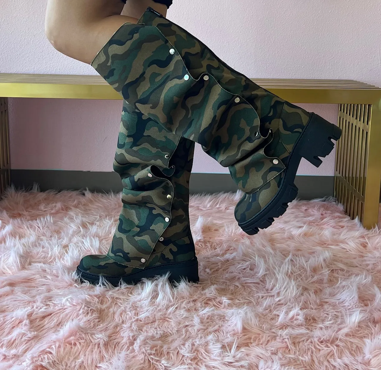 MAGEO-1 Camo Platform Boot - Snap Front Drape Panel - Knee High Boot