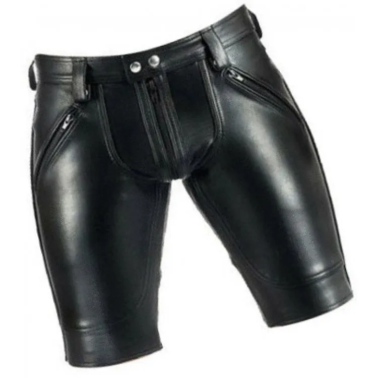 Men Saddle Seat Real Sheepskin Black Leather Shorts