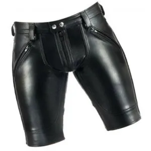 Men Saddle Seat Real Sheepskin Black Leather Shorts