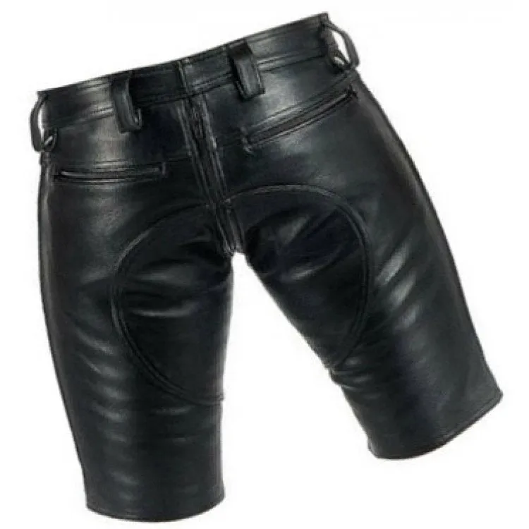 Men Saddle Seat Real Sheepskin Black Leather Shorts