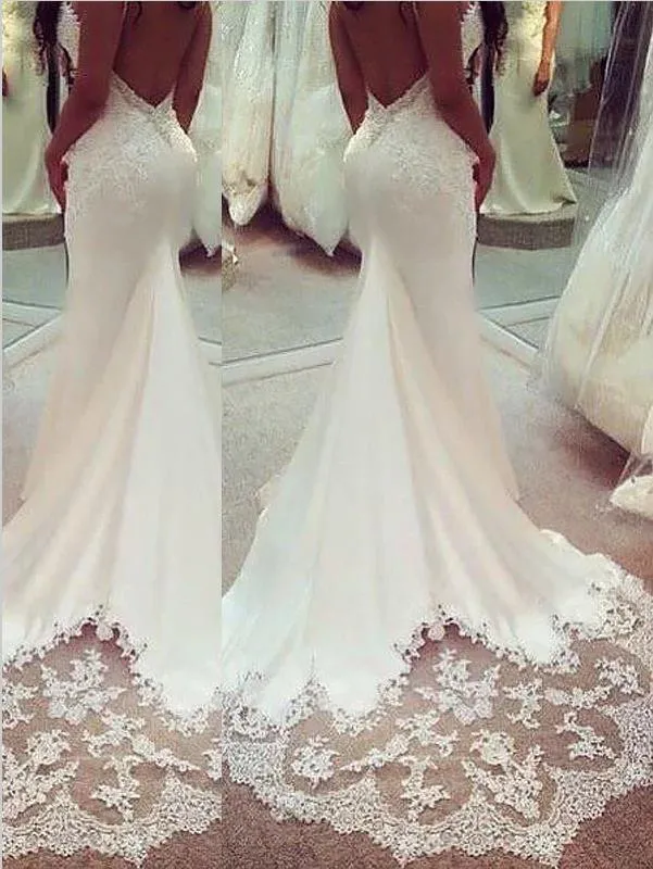 Mermaid Applique Satin Wedding Dresses,Spaghetti Straps Sleeveless Wedding Dresses