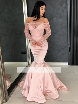 Mermaid Blush Prom Dresses Off The Shoulder Beading Prom Dresses With Long Sleeves