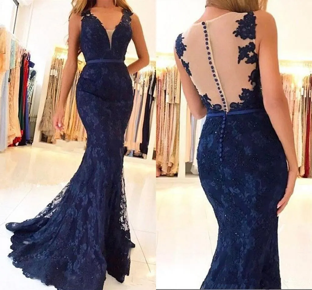 Mermaid Dark Navy Blue Prom Dresses V-Neck Modest Long Sheath Evening Dresses