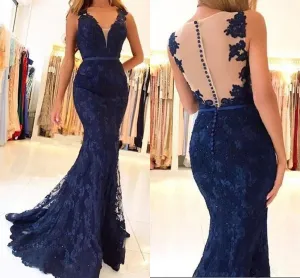 Mermaid Dark Navy Blue Prom Dresses V-Neck Modest Long Sheath Evening Dresses