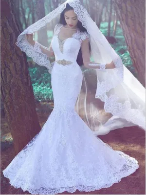Mermaid Lace Applique Wedding Dresses,Long Sleeves Court Train Wedding Dresses
