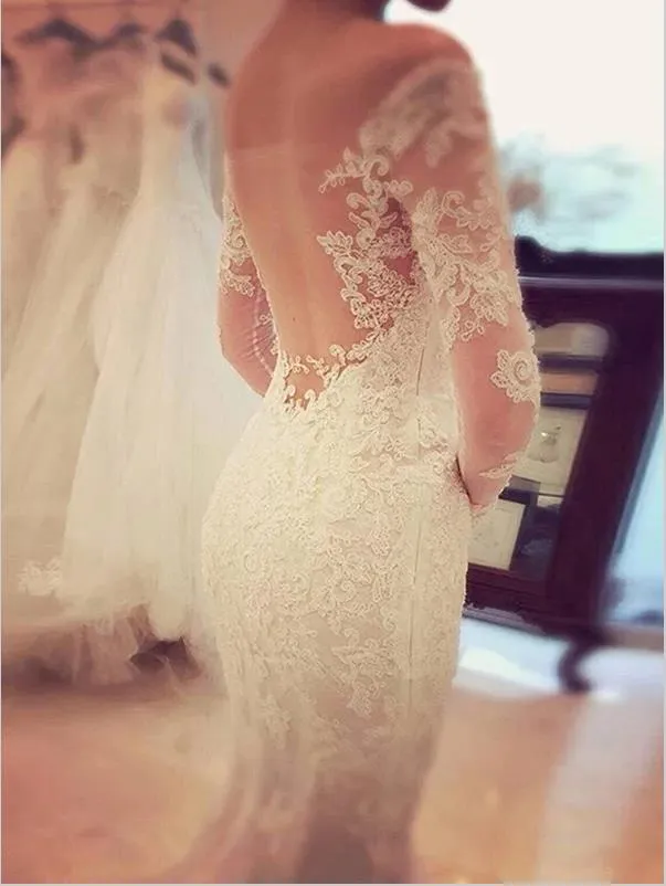 Mermaid Lace Long Sleeves Backless Wedding Dresses,Off Shoulder Train Wedding Dresses
