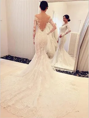 Mermaid Lace Long Sleeves Backless Wedding Dresses,Off Shoulder Train Wedding Dresses
