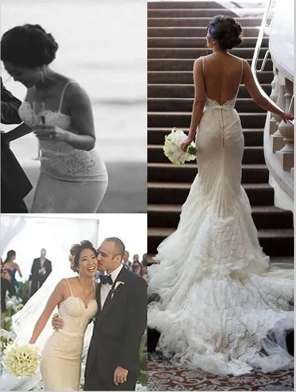 Mermaid Lace Tulle Spaghetti Straps Wedding Dresses Court Train Dresses
