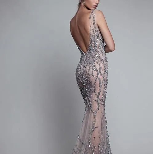 Mermaid Scoop Sleeveless Prom Dresses Beading Long See Through Hunter Evening Dresses