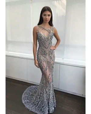 Mermaid Scoop Sleeveless Prom Dresses Beading Long See Through Hunter Evening Dresses