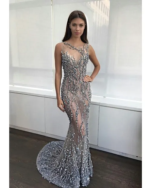 Mermaid Scoop Sleeveless Prom Dresses Beading Long See Through Hunter Evening Dresses