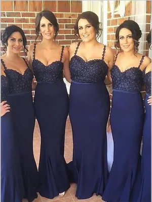 Mermaid Spaghetti Straps Train Satin Bridesmaid Dresses