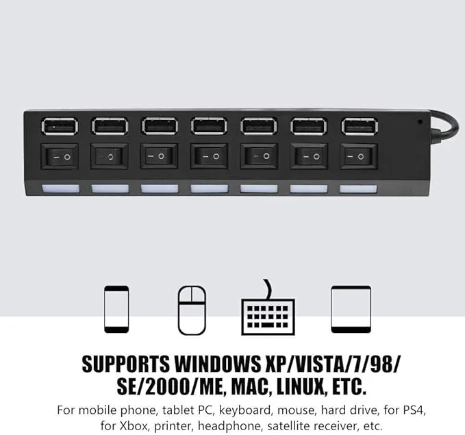 NEW 7 Port USB Hub, 480Mbps 7 Port USB Hub No Conflict Plug & Play 7 Port USB 2.0 Hub, Super Speed 7-Port USB Data Hub, USB Extension for Laptop, PC Computer, for Mouse/Printer/Scanner
