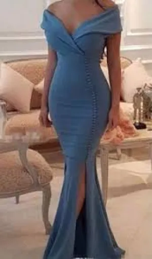 Off the Shoulder Buttons Prom Dresses Blue Slit Bodycon Evening Dresses Prom
