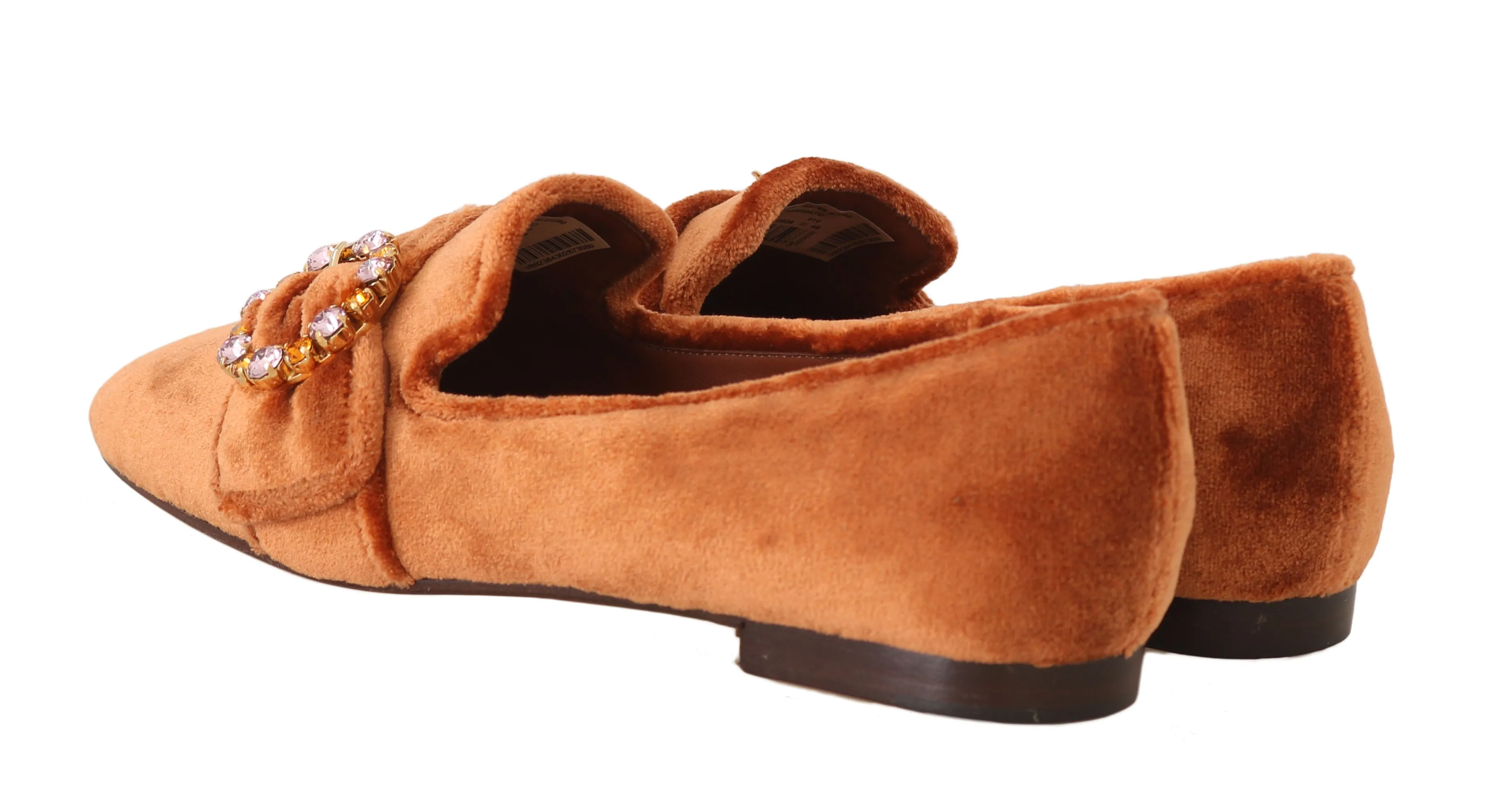 Orange Velvet Crystal Loafers Flats