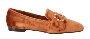 Orange Velvet Crystal Loafers Flats