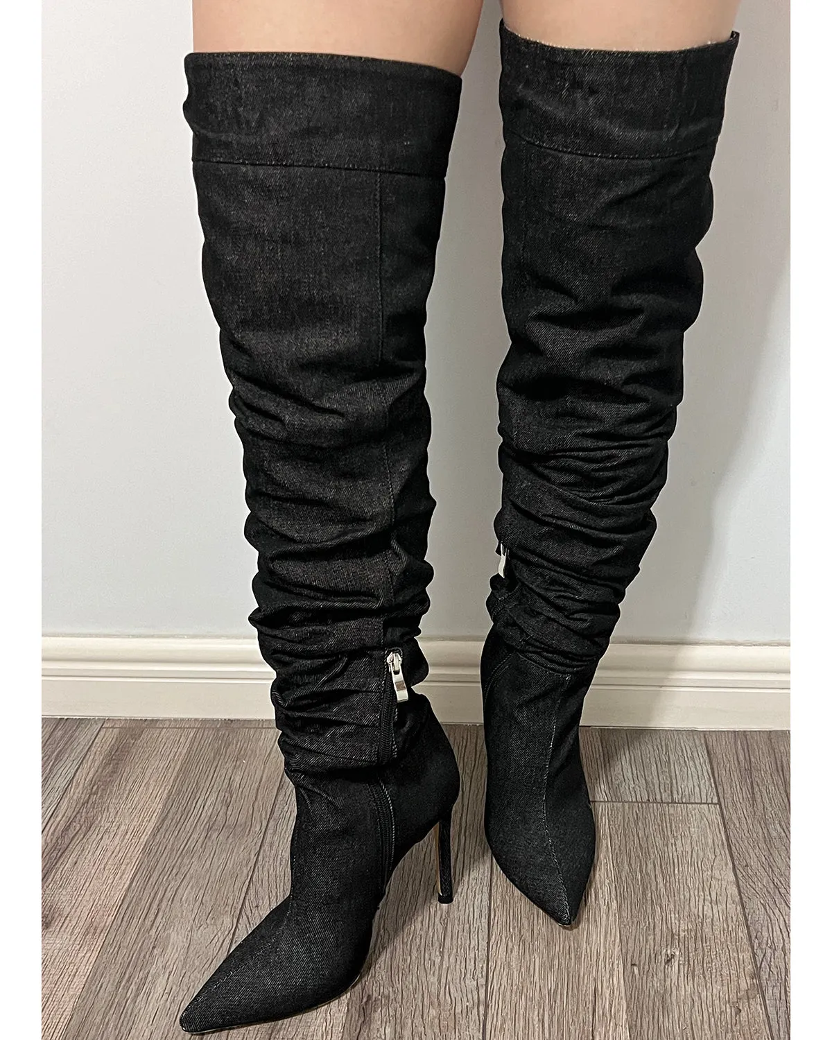 Over the knee wrinkle denim stiletto heel boots