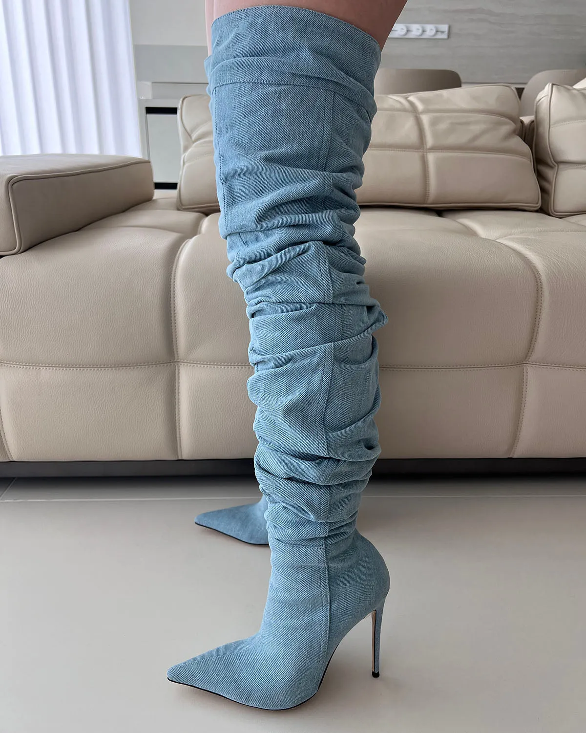 Over the knee wrinkle denim stiletto heel boots