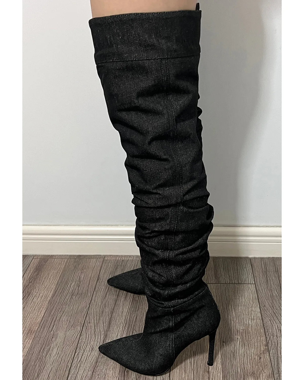 Over the knee wrinkle denim stiletto heel boots