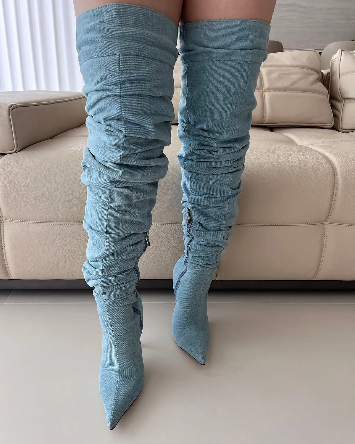 Over the knee wrinkle denim stiletto heel boots
