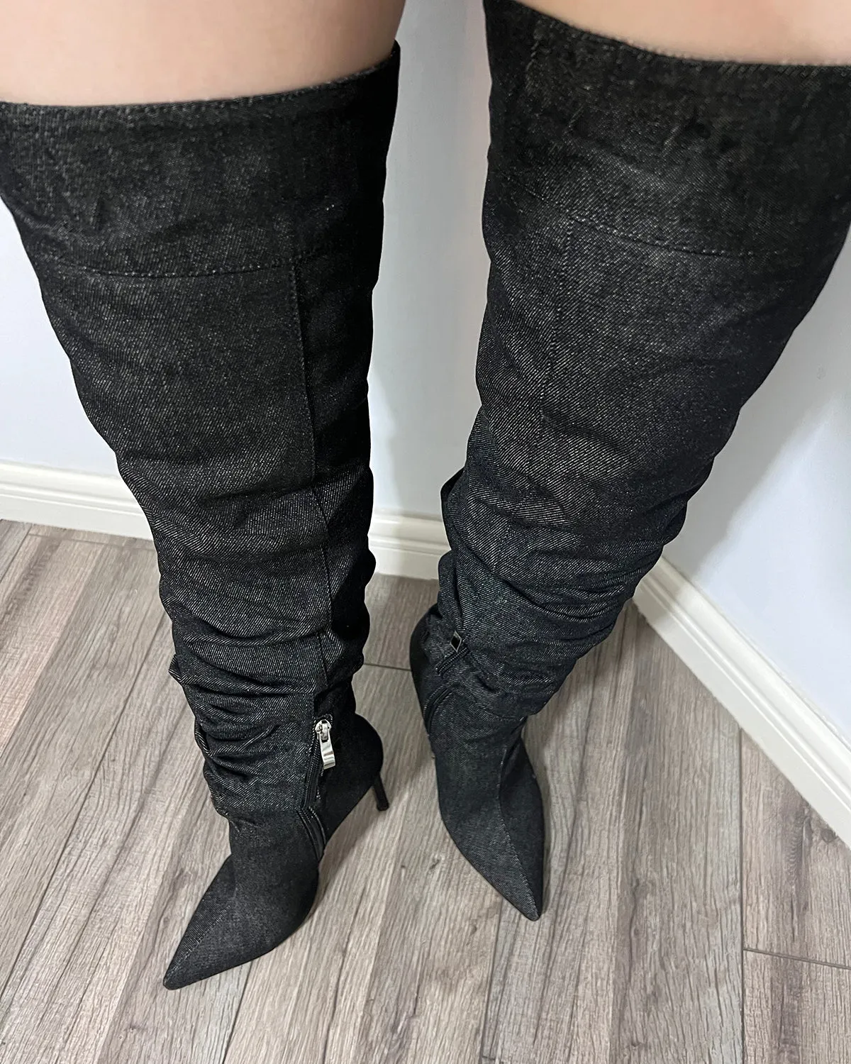 Over the knee wrinkle denim stiletto heel boots