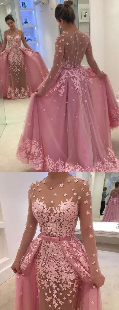 Pink Tulle Long Sleeves Prom Dresses Appliques Evening Dresses