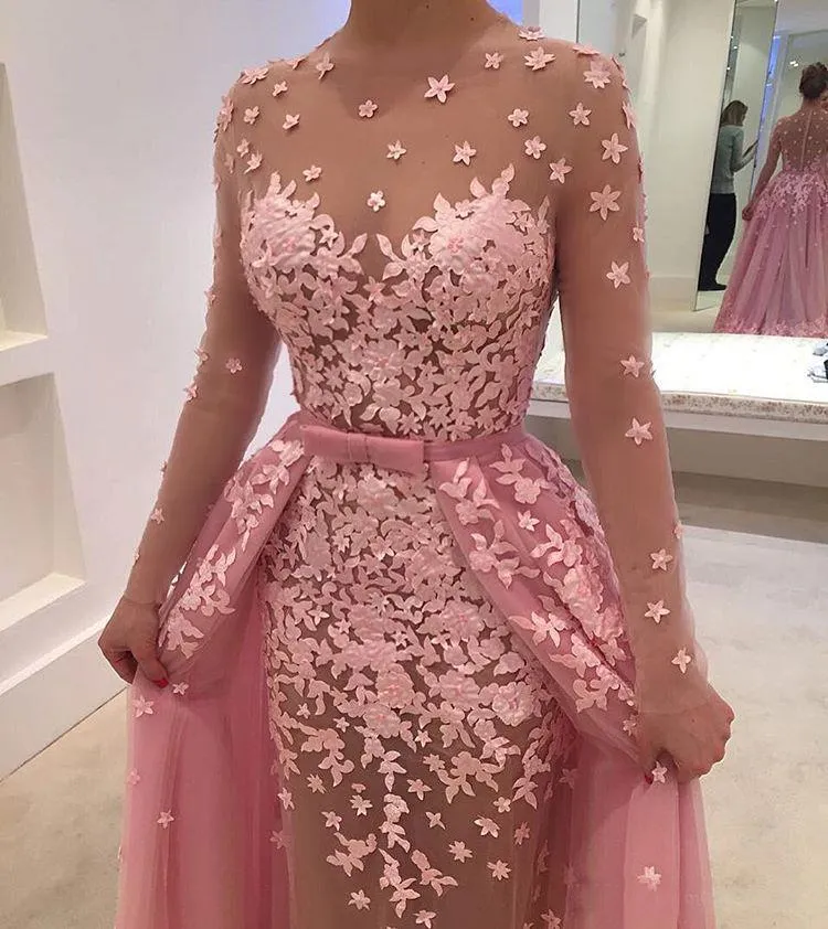 Pink Tulle Long Sleeves Prom Dresses Appliques Evening Dresses