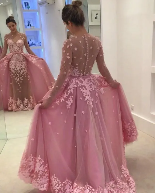 Pink Tulle Long Sleeves Prom Dresses Appliques Evening Dresses