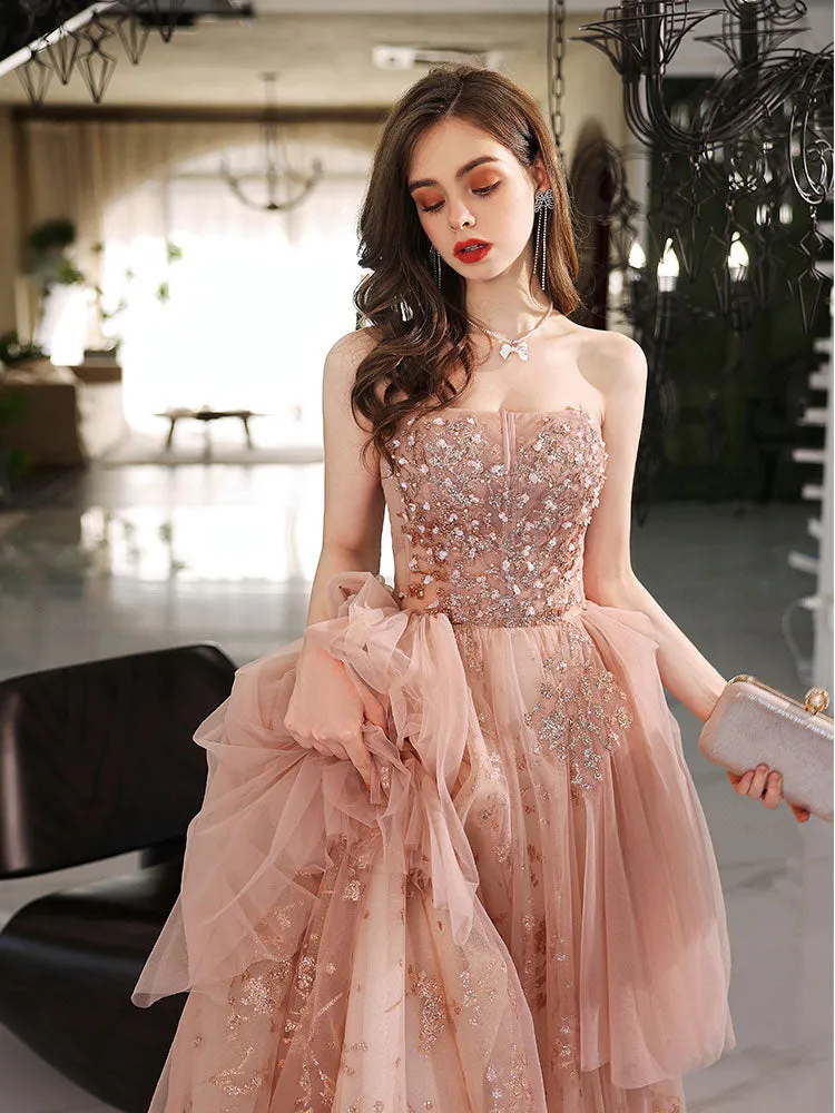 Pink Tulle with Lace Applique A-line Long Party Dress, Pink Floor Length Prom Dress