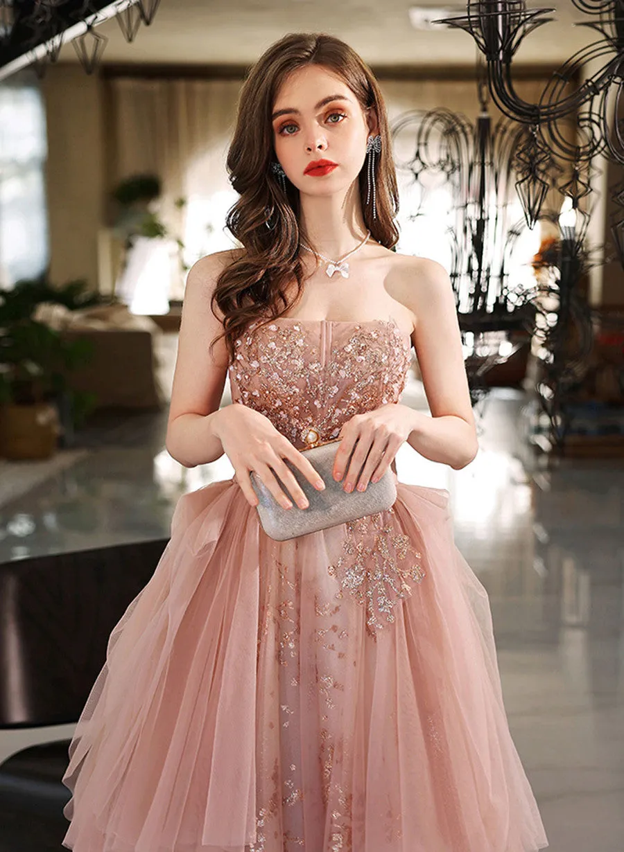 Pink Tulle with Lace Applique A-line Long Party Dress, Pink Floor Length Prom Dress