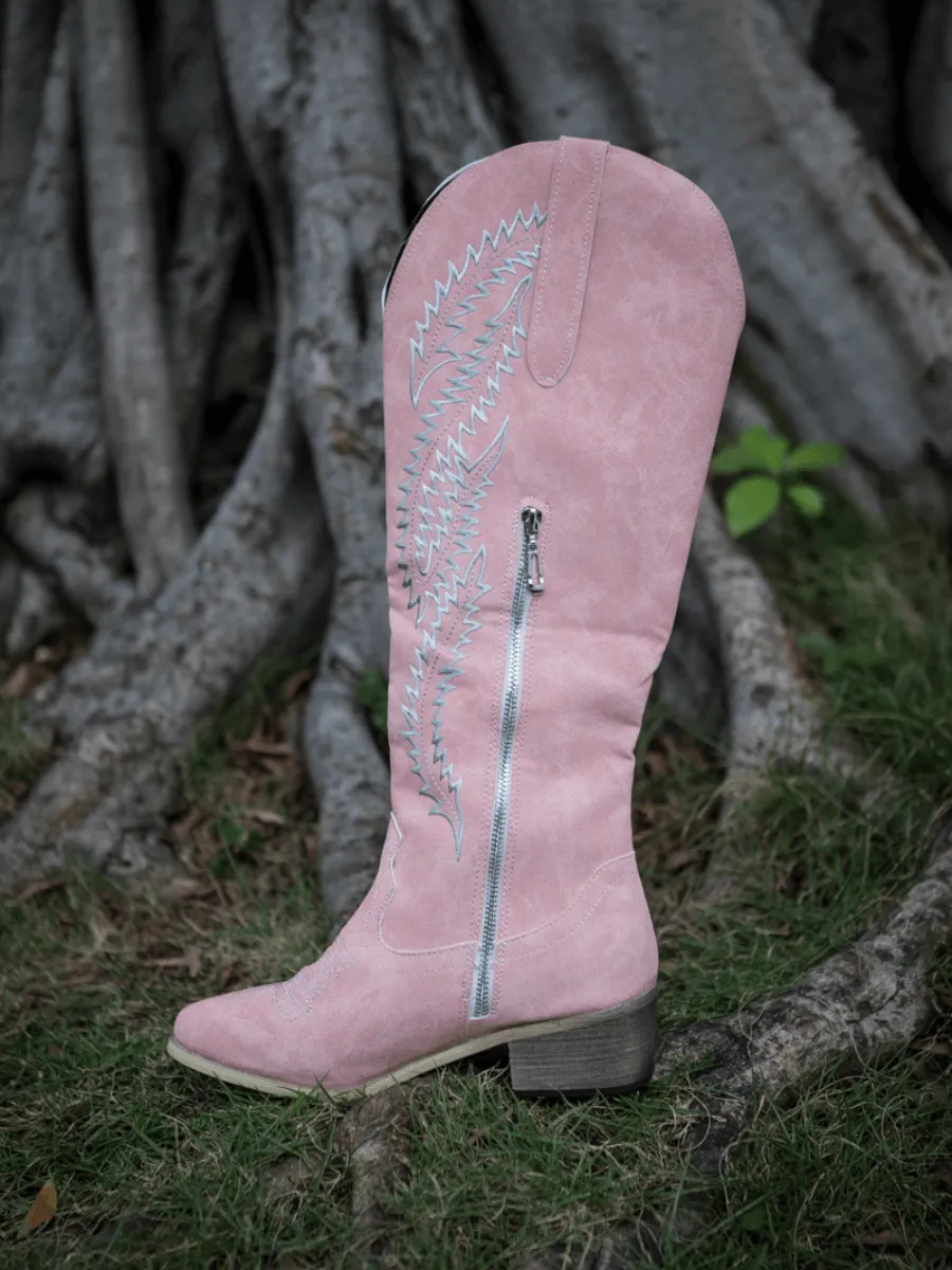 Pink Wide Calf Embroidered Cowgirl Boots