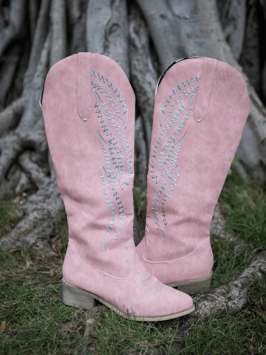 Pink Wide Calf Embroidered Cowgirl Boots