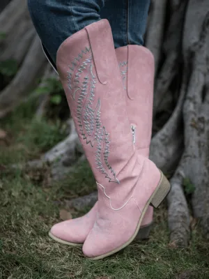 Pink Wide Calf Embroidered Cowgirl Boots